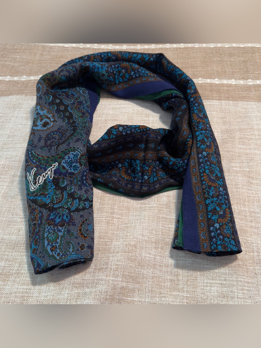 Kenzo #010 Navy and Teal Paisley wool Scarf / Shawl